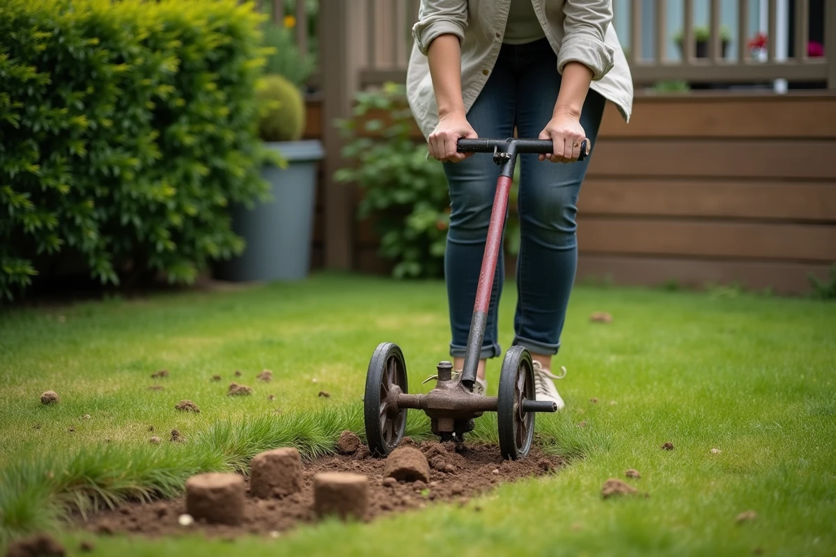 Femme utilisant un aérateur à carotte manuel sur une pelouse pour améliorer la circulation de l'air dans le sol