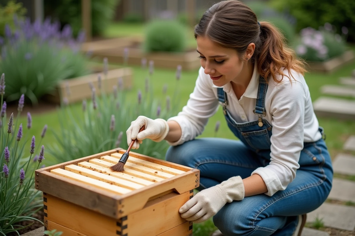 Femme appliquant un attractif naturel sur une ruche en bois dans un jardin potager
