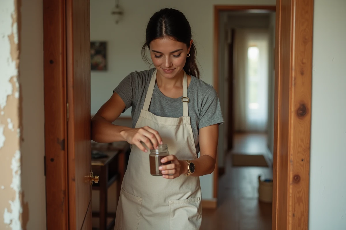 Femme utilisant du café instantané comme répulsif naturel contre les fourmis près d'un encadrement de porte