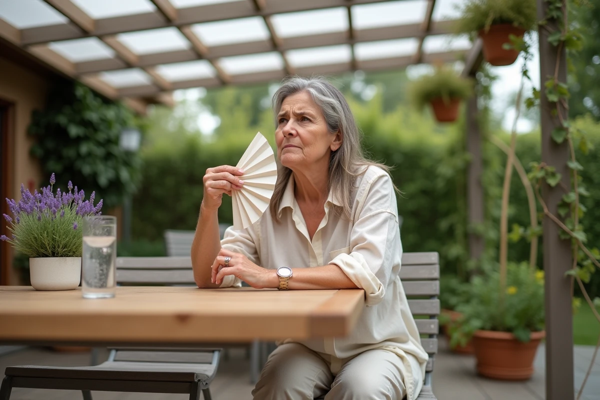 Femme assise sous une pergola en polycarbonate par temps chaud, exprimant une sensation de chaleur étouffante