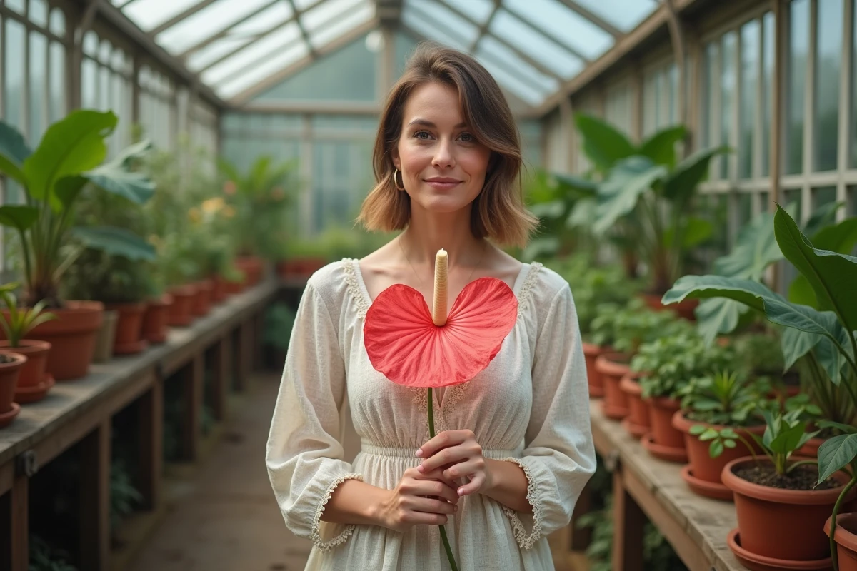 Femme tenant une fleur Anthurium rouge dans une serre botanique tropicale entourée de plantes exotiques