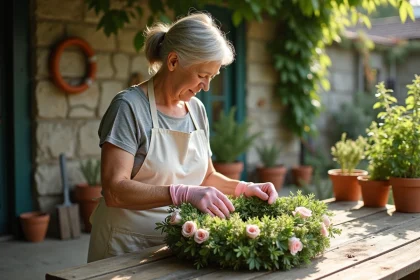 Femme arrangeant une fleure en U sur une table en bois dans un jardin avec des pots en terre cuite