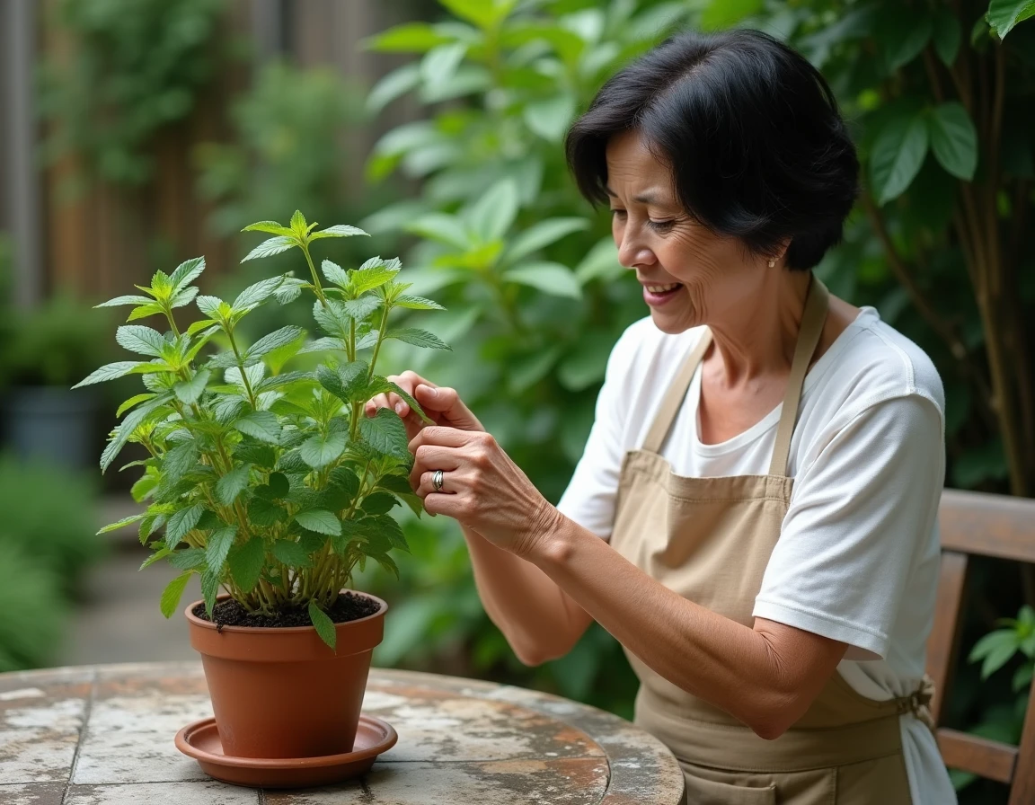 Femme inspectant des feuilles de menthe noircies dans un pot en terre cuite dans un jardin extérieur ombragé