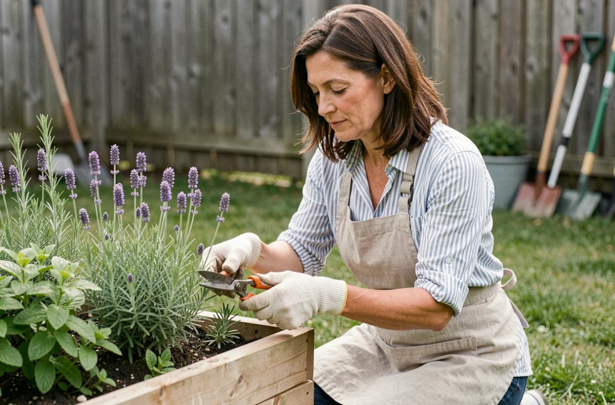 Femme entretenant des plants de lavande dans un jardin familial pour éloigner les mouches naturellement