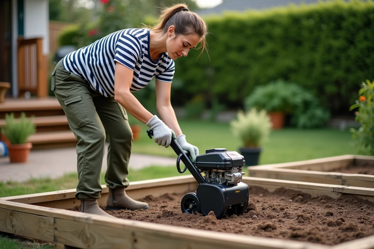 Femme dans la trentaine inspectant le sol labouré d'un potager surélevé avec un motoculteur électrique compact dans un jardin de banlieue