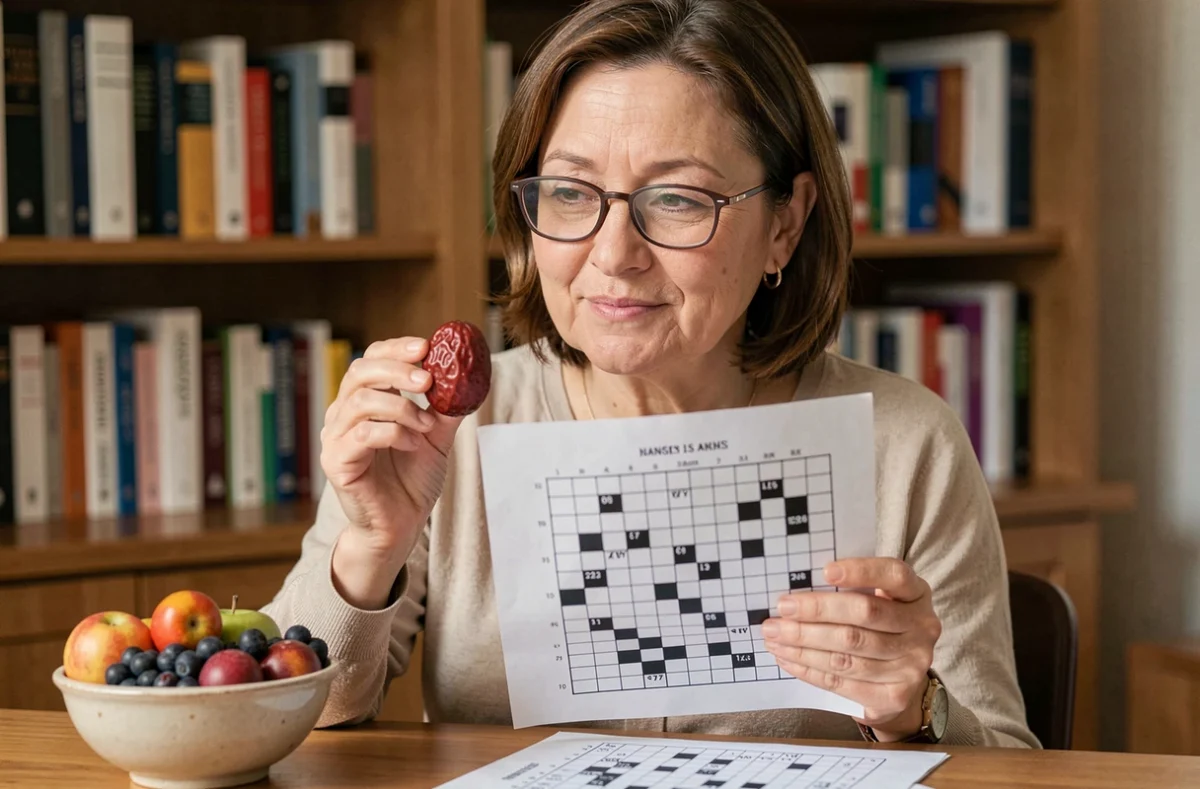 Femme résolvant des mots croisés avec un jujube à la main dans un salon chaleureux