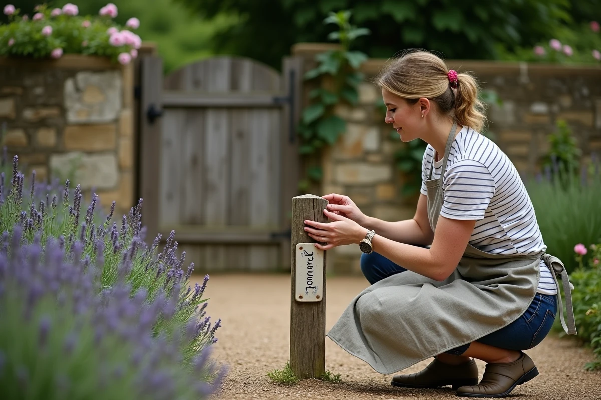 Femme fixant une plaque de nom en céramique à l'entrée d'un jardin de cottage entouré de lavande et de roses