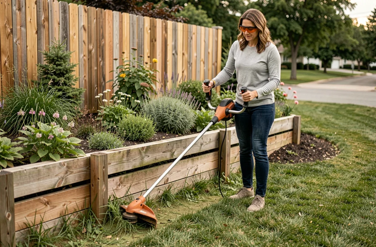 Femme utilisant un rotofil électrique filaire pour tailler l'herbe au pied d'une clôture en bois de jardin
