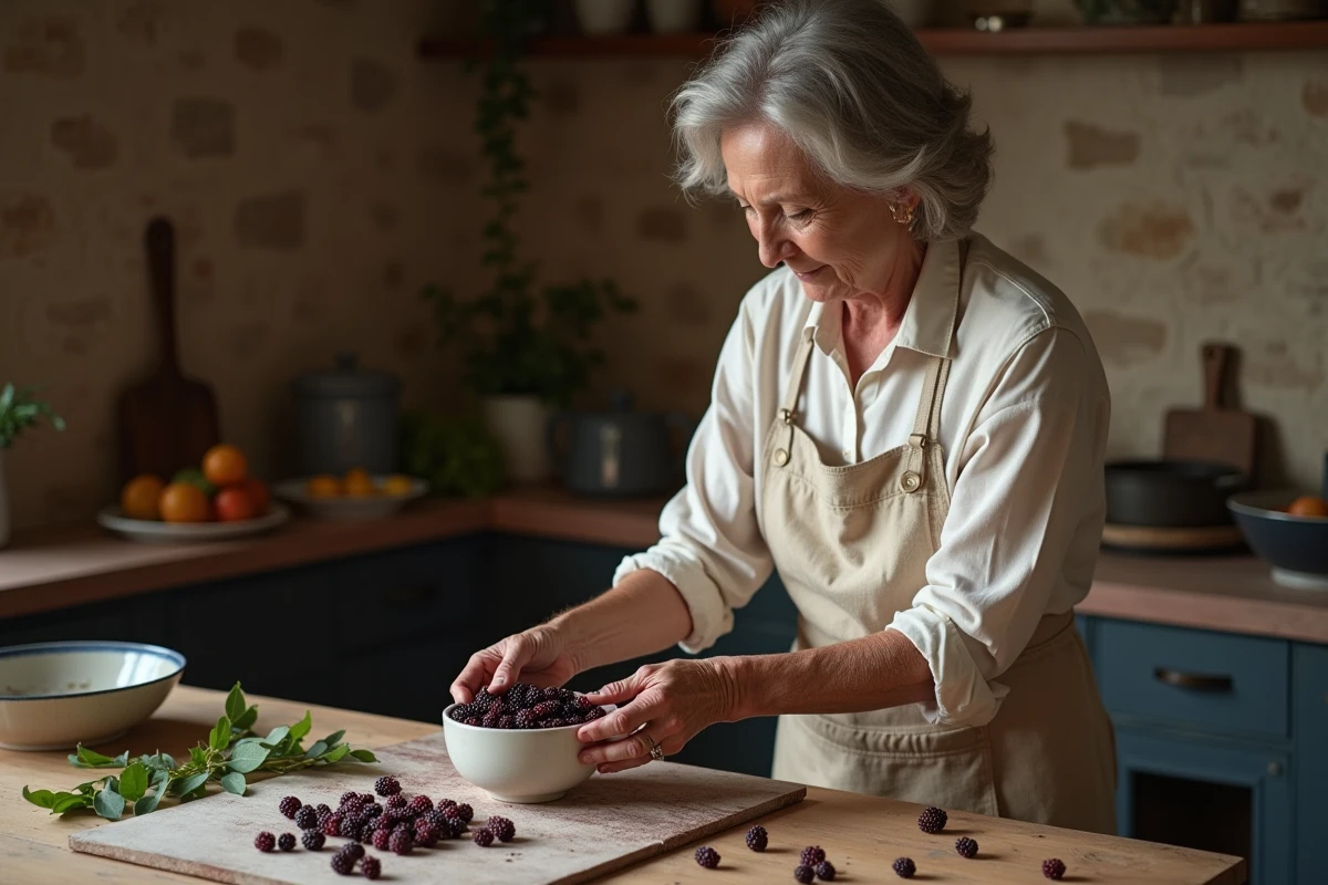 Femme triant des mûres fraîches du mûrier platane dans une cuisine rustique aux murs en pierre