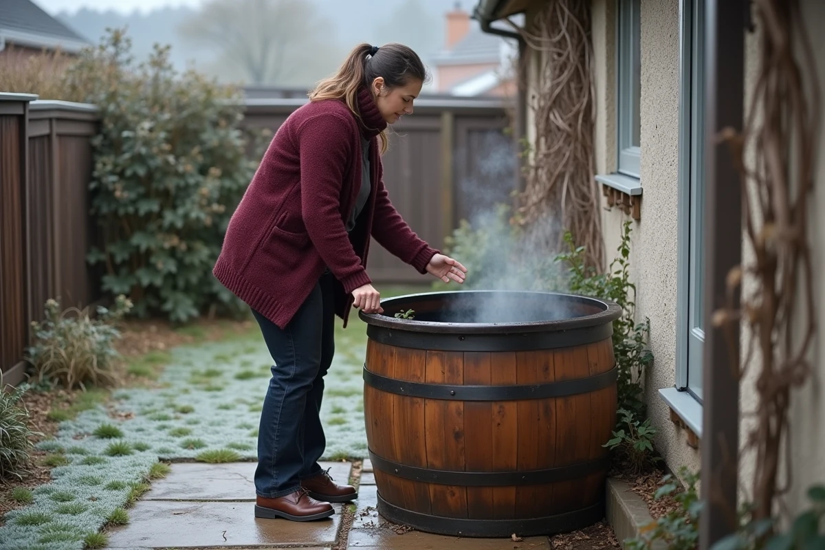 Femme vidant complètement un tonneau récupérateur d'eau sur une terrasse givrée en hiver pour éviter le gel