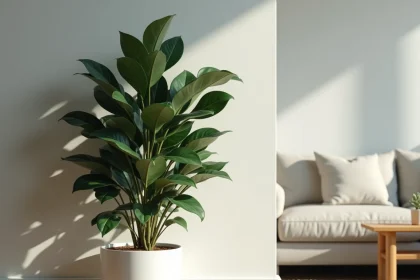 Ficus benjamina en pot blanc dans un salon moderne peu lumineux avec canapé en lin et table en bois
