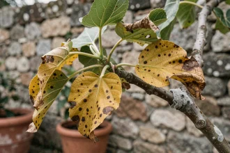 Branche de figuier malade avec feuilles jaunies, taches nécrotiques et résidu poudreux blanc, signes typiques de maladie fongique