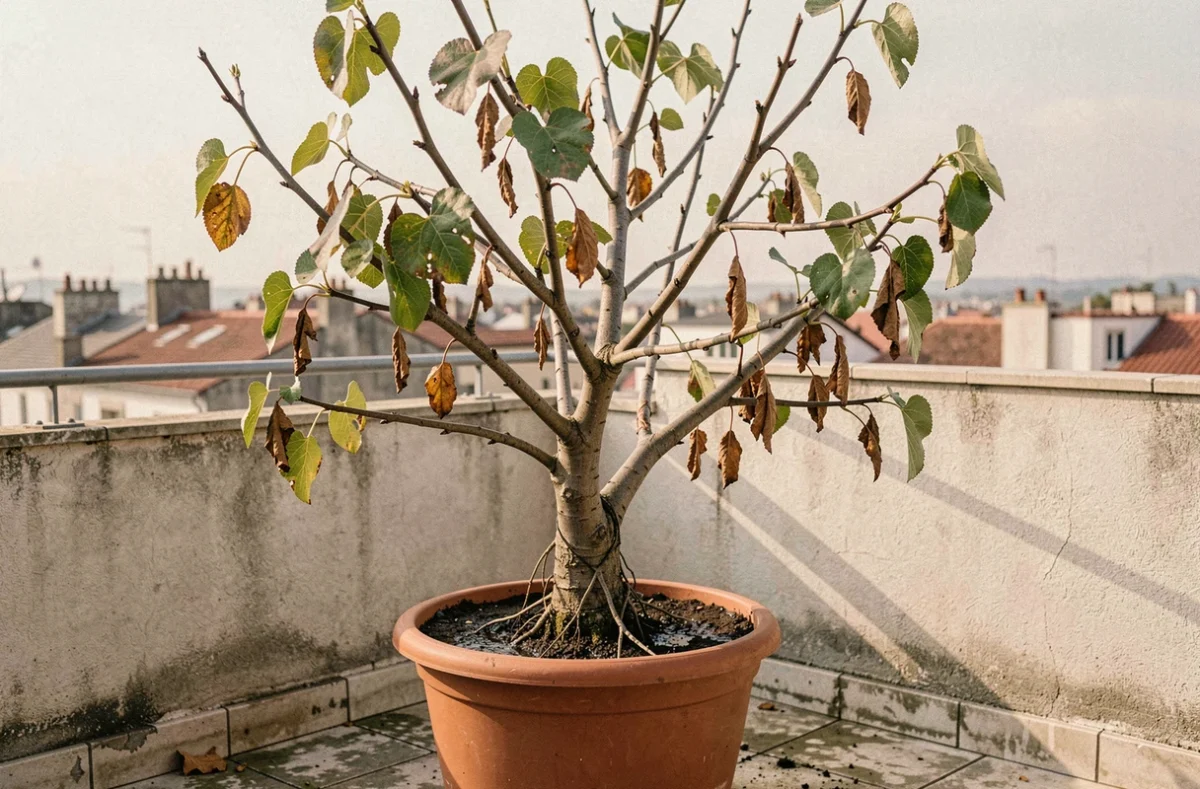 Figuier en pot sur terrasse urbaine avec feuilles tombées, branches malades et sol détrempé révélant une pourriture des racines