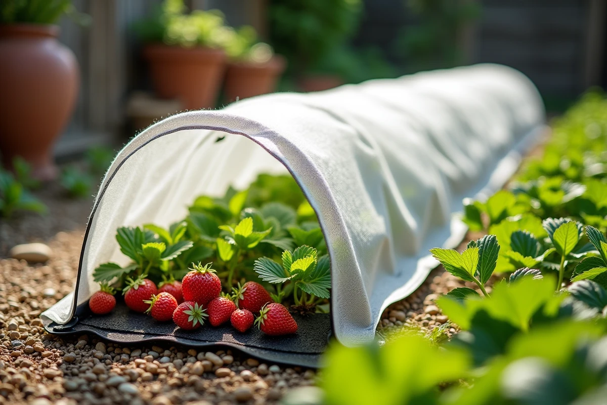 Carré de fraisiers entièrement recouvert d'un filet blanc tendu sur des arceaux dans un jardin résidentiel soigné