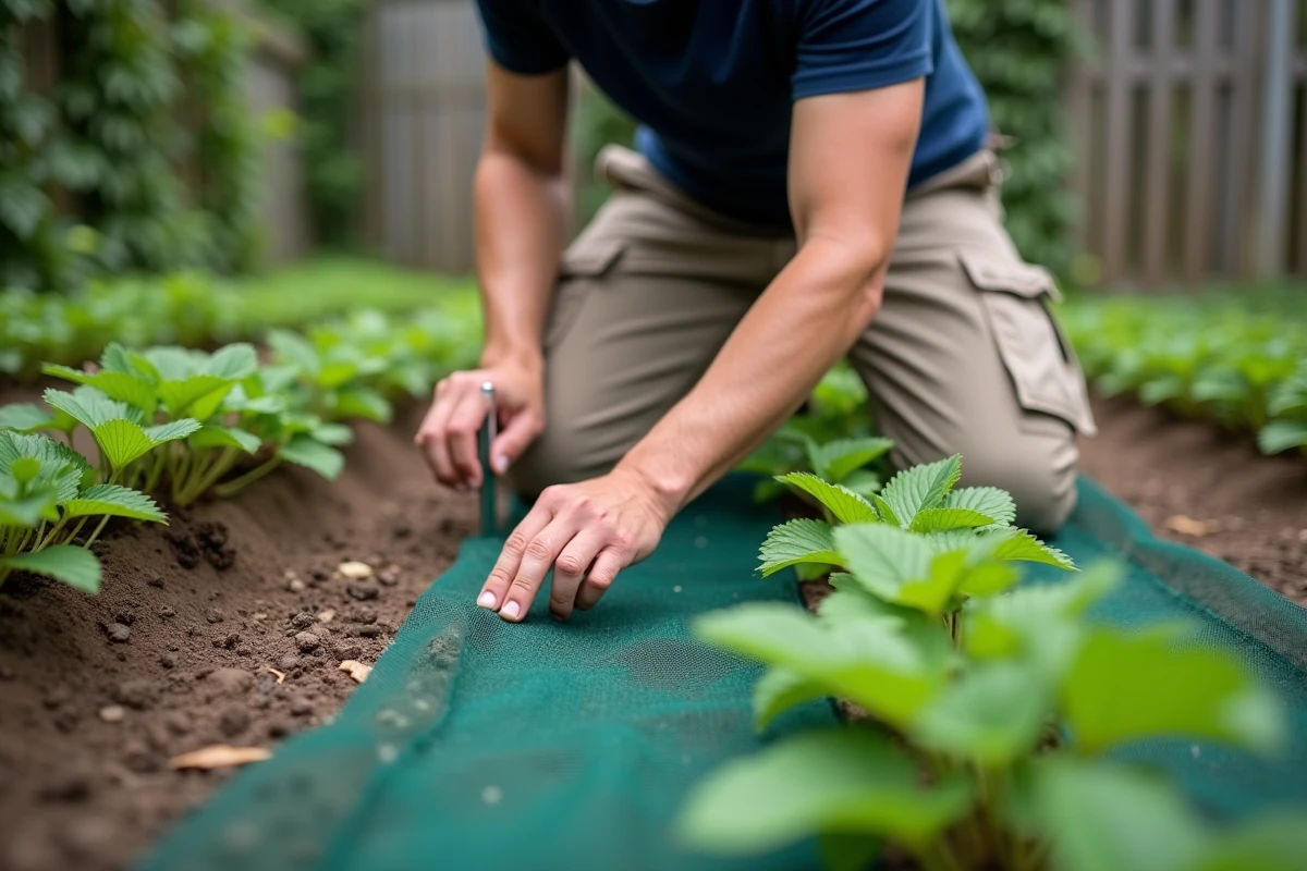 Homme fixant les bords d'un filet anti-oiseaux sur des rangs de fraisiers avec des agrafes métalliques dans un potager