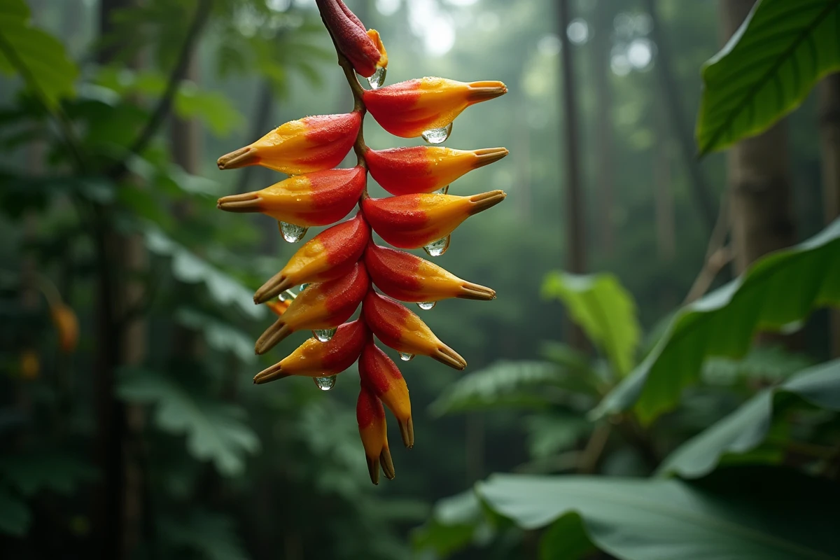 Grappe de fleurs Heliconia rostrata aux bractées rouge et jaune dans une forêt tropicale humide