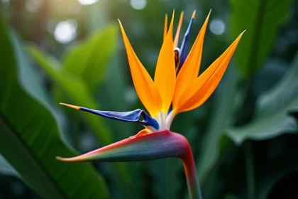 Fleur d'oiseau du paradis Strelitzia reginae en pleine floraison dans un jardin tropical luxuriant