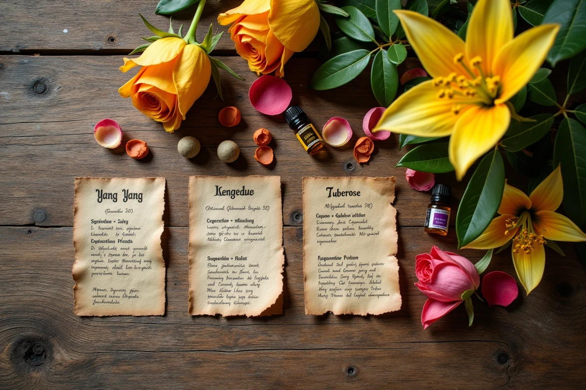 Composition à plat de fleurs à parfum ylang-ylang, rose et tubéreuse avec fioles d'huile essentielle et fiches botaniques manuscrites sur une table en chêne