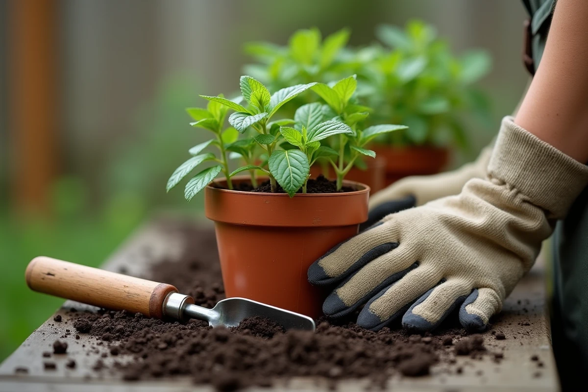 Gants de jardinage et pot en terre cuite avec de la menthe fraîche sur une table de rempotage dans un jardin thérapeutique communautaire