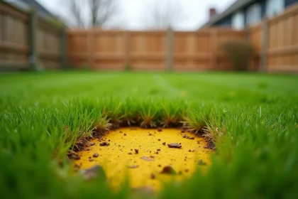 Gazon jauni en tache après application d'un herbicide sélectif, entouré de pelouse verte saine