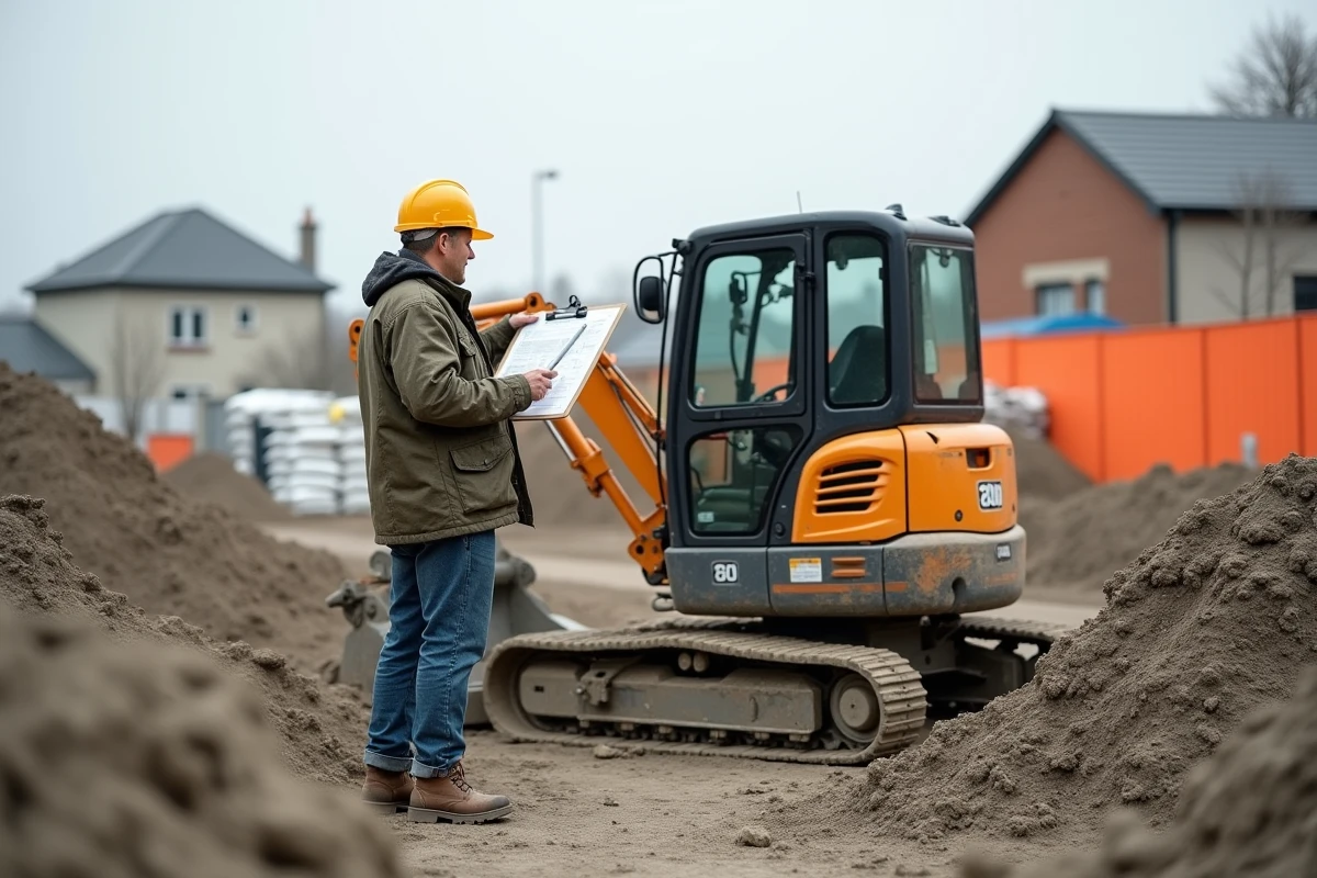 Technicien de chantier gérant un excédent de terre argileuse lors de travaux de fondation avec mini-pelle
