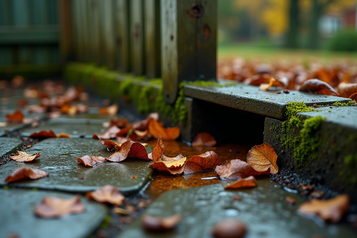 Gouttière de jardin bouchée par des feuilles mortes tombées du terrain voisin en automne