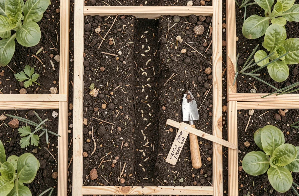 Vue de dessus d'un carré potager avec des graines de persil semées en ligne dans un sillon, entourées d'autres sections de culture organisées