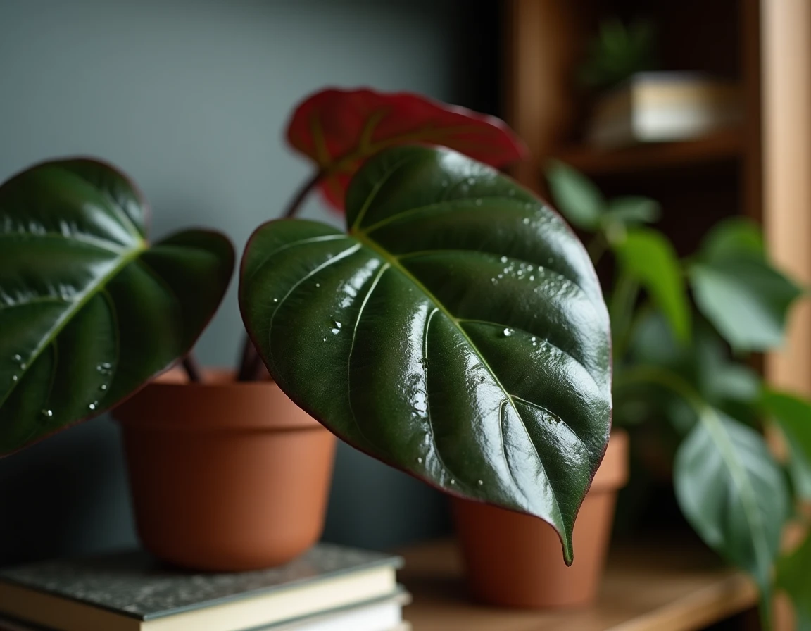 Gros plan sur les feuilles de ficus elastica avec gouttes d'eau sur une étagère en bois dans un salon