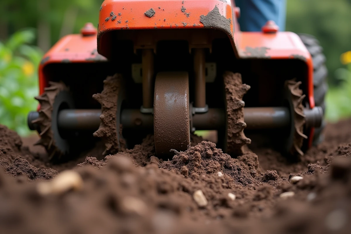 Gros plan sur les fraises métalliques d'un motoculteur en action creusant profondément un sol de jardin sombre et grumeleux