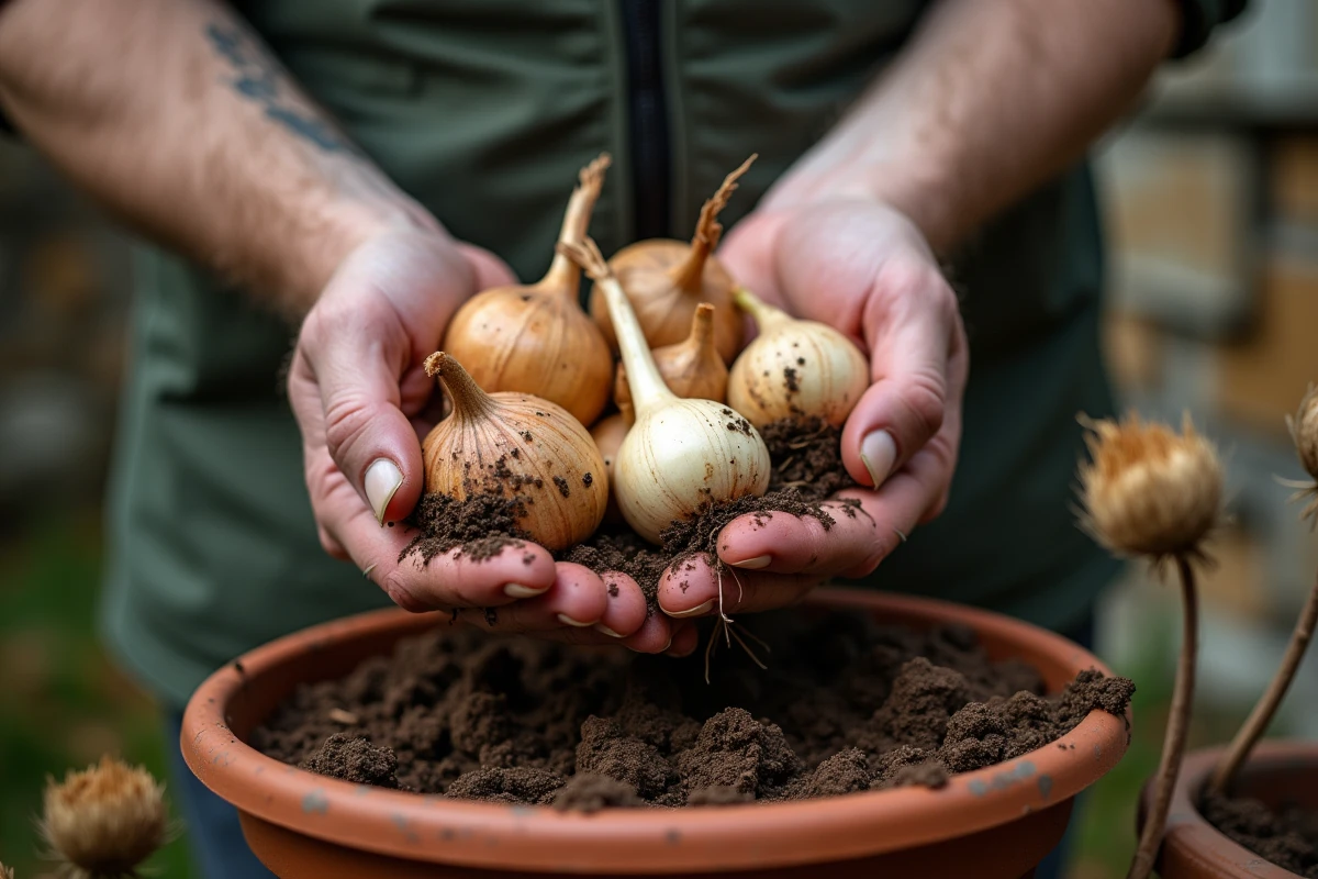 Gros plan de mains tenant des bulbes d'allium et des griffes d'anémone prêts à être plantés à l'automne