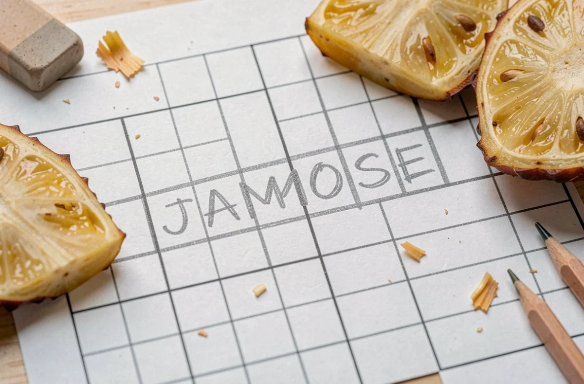 Gros plan d'une grille de mots croisés avec le mot jambose et des fruits tropicaux posés dessus