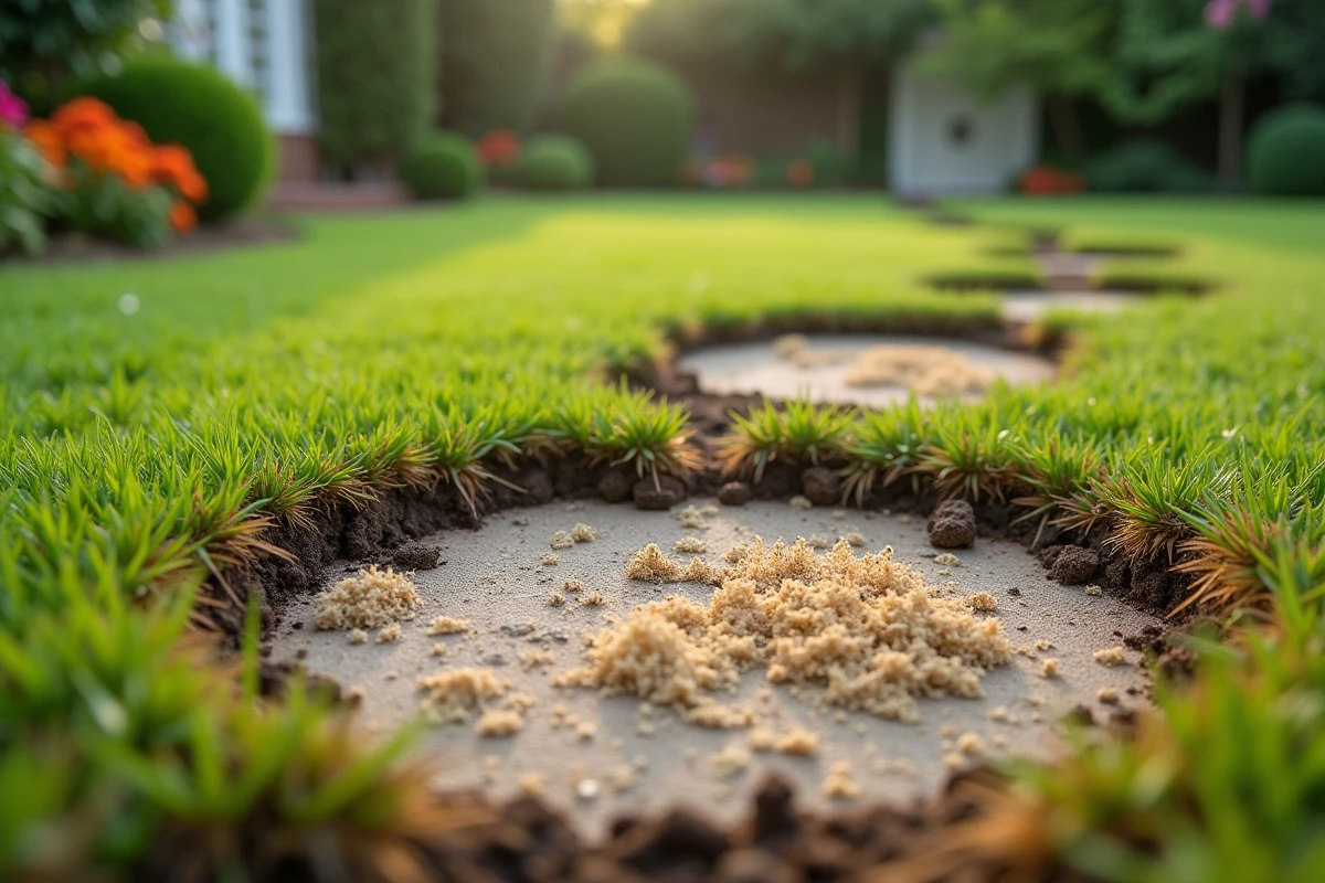 Gros plan sur des taches circulaires de mycélium blanc et d'herbe morte causées par une maladie fongique