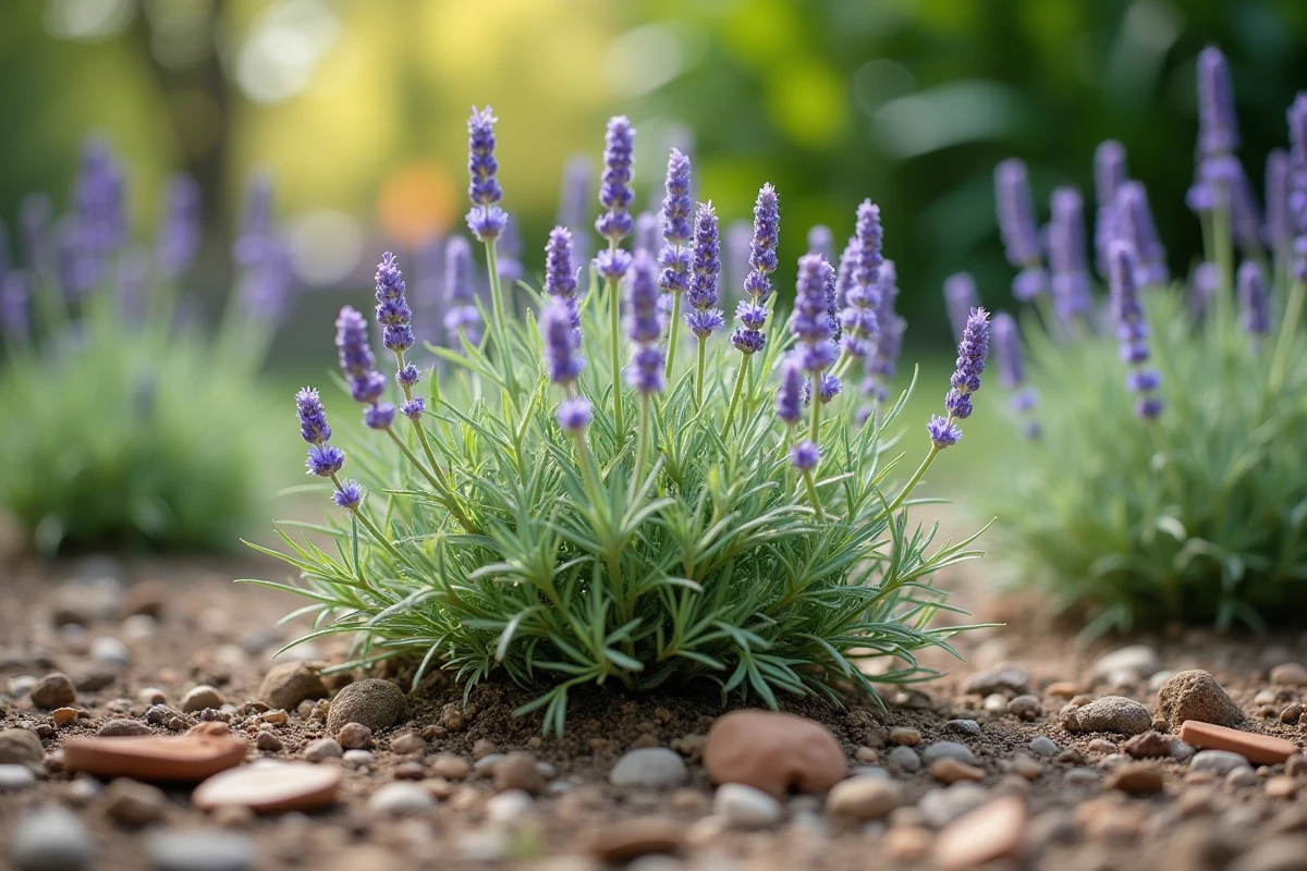 Gros plan sur un pied de nepeta nouvellement planté dans une bordure ensoleillée avec un sol bien drainé et un paillage de gravier