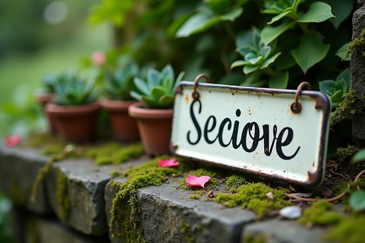 Gros plan d'une plaque émaillée vintage avec un nom de jardin peint à la main sur un mur en pierre recouvert de mousse