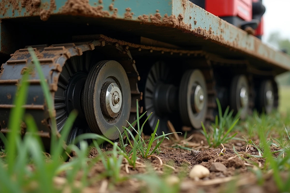 Gros plan sur le plateau de coupe d'une débroussailleuse autoportée dans les hautes herbes sauvages