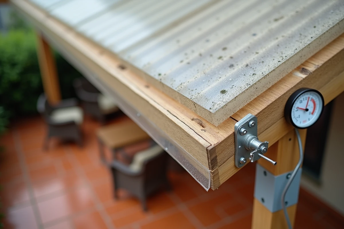 Gros plan sur les panneaux en polycarbonate alvéolaire d'une pergola montrant le vieillissement et l'accumulation de chaleur