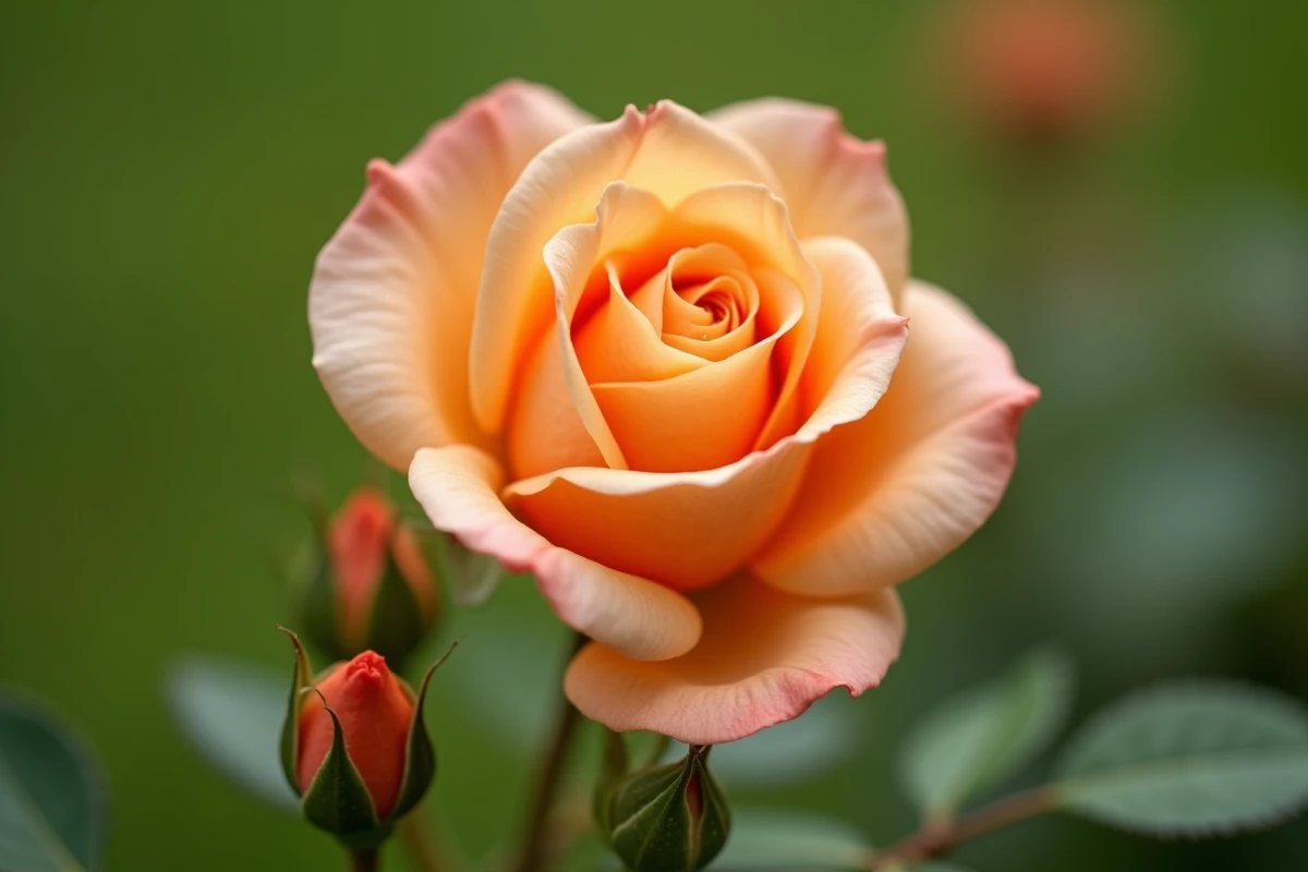 Gros plan d'une rose de jardin abricot en pleine floraison avec des pétales en spirale parfaitement détaillés