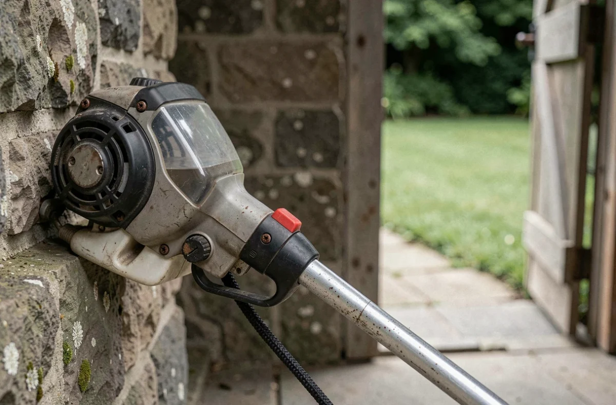 Gros plan d'un rotofil thermique professionnel appuyé contre un mur en pierre dans un abri de jardin