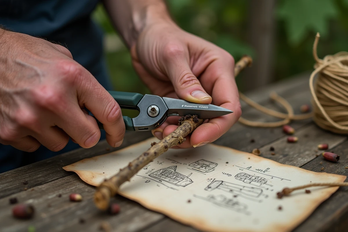 Gros plan sur des mains tenant un sécateur Felco au-dessus d'un nœud de sarment de vigne prêt à être taillé