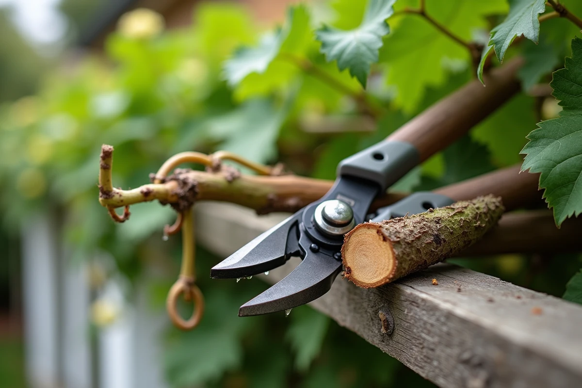 Gros plan sur des sarments de vigne taillés et un sécateur posé sur une poutre de pergola en bois