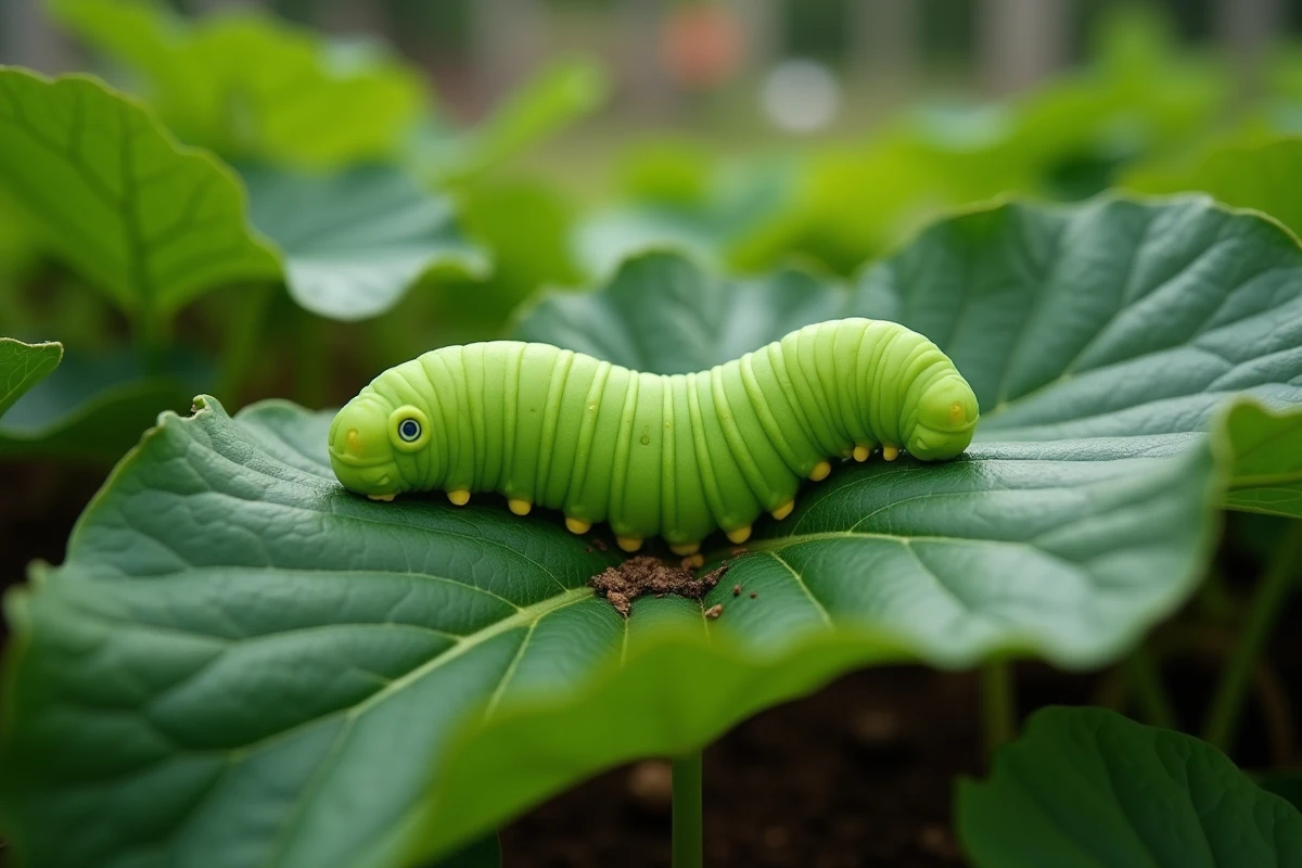 Grosse chenille verte fluo sur une feuille de légume dans un potager, vue trois quarts avec bokeh naturel