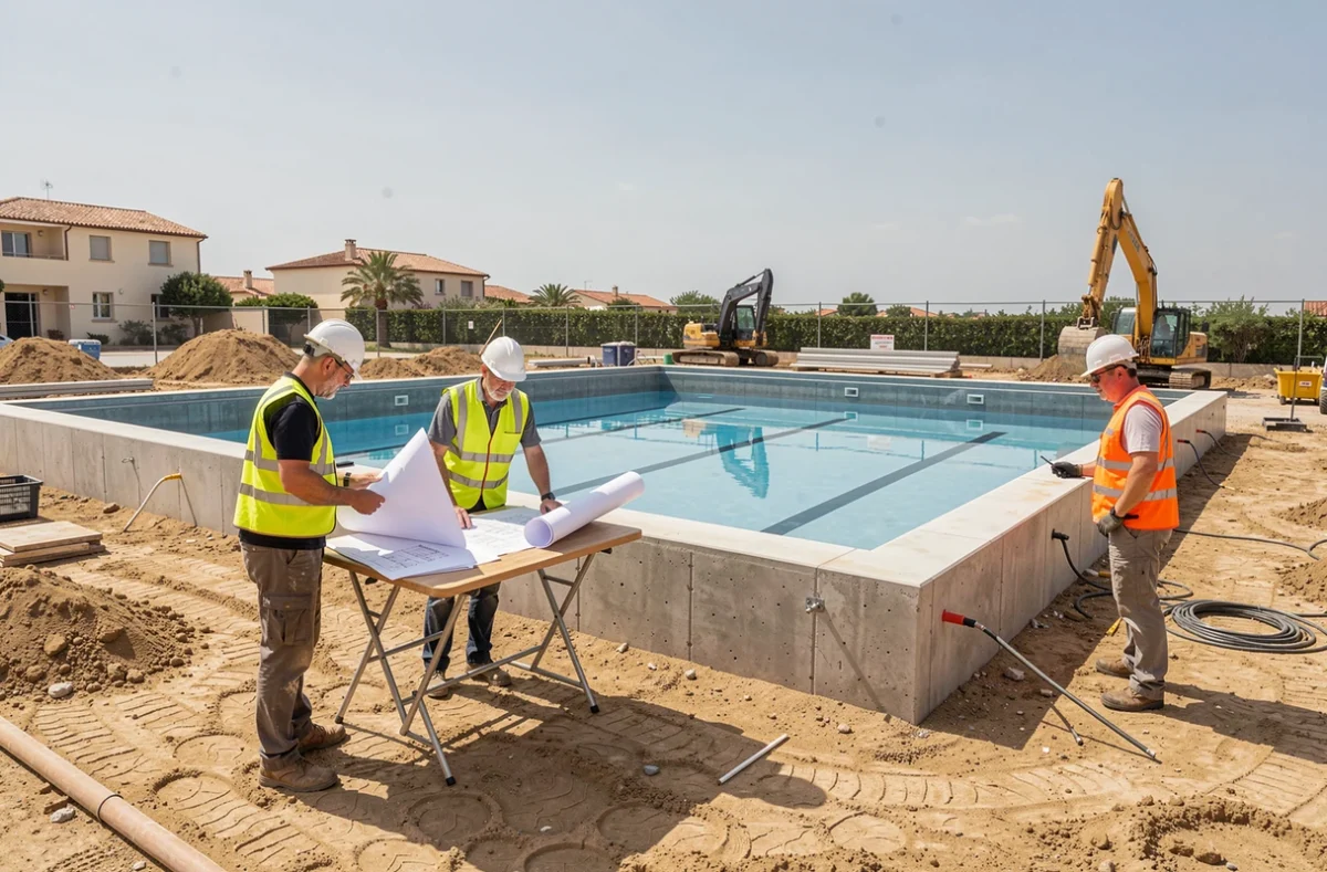 Chantier de construction de grande piscine Groupe GA Piscines près de Marseille avec chefs de projet sur site