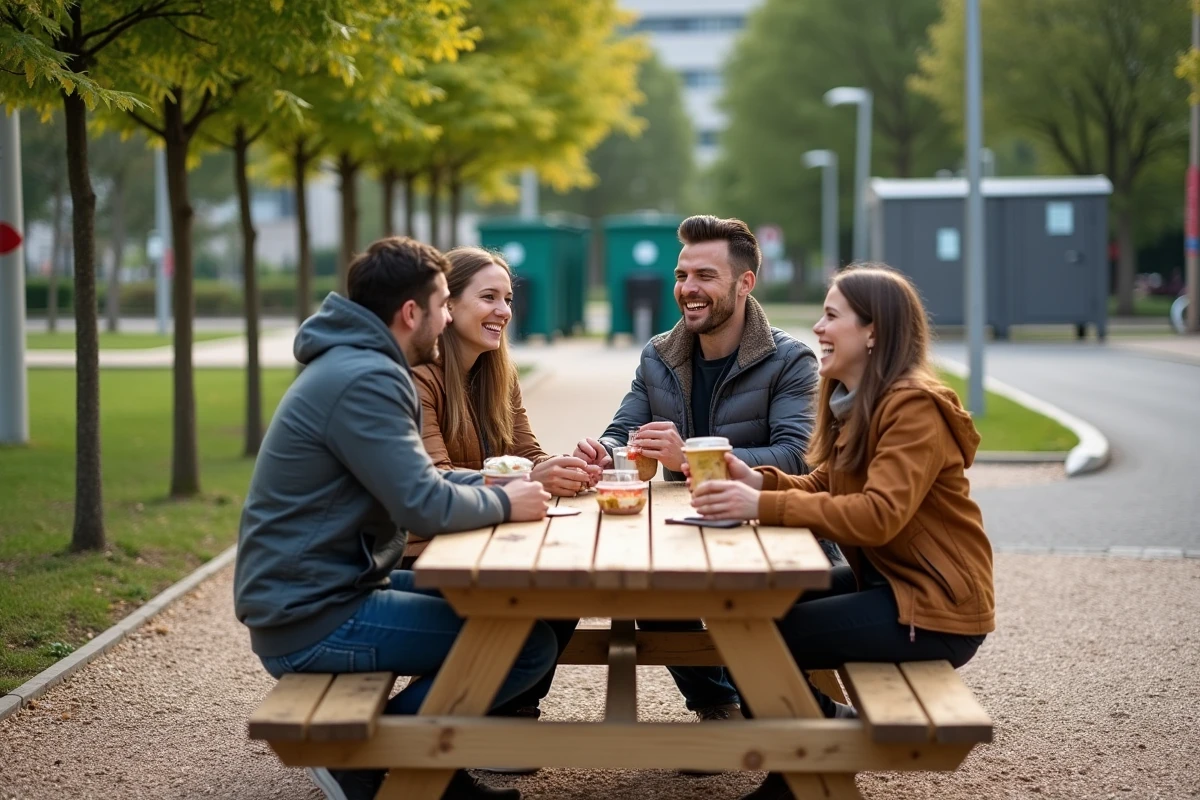 Groupe de personnes utilisant une table de pique-nique dans un espace vert rénové, illustrant les pratiques d'aménagement favorisant la fréquentation du parc