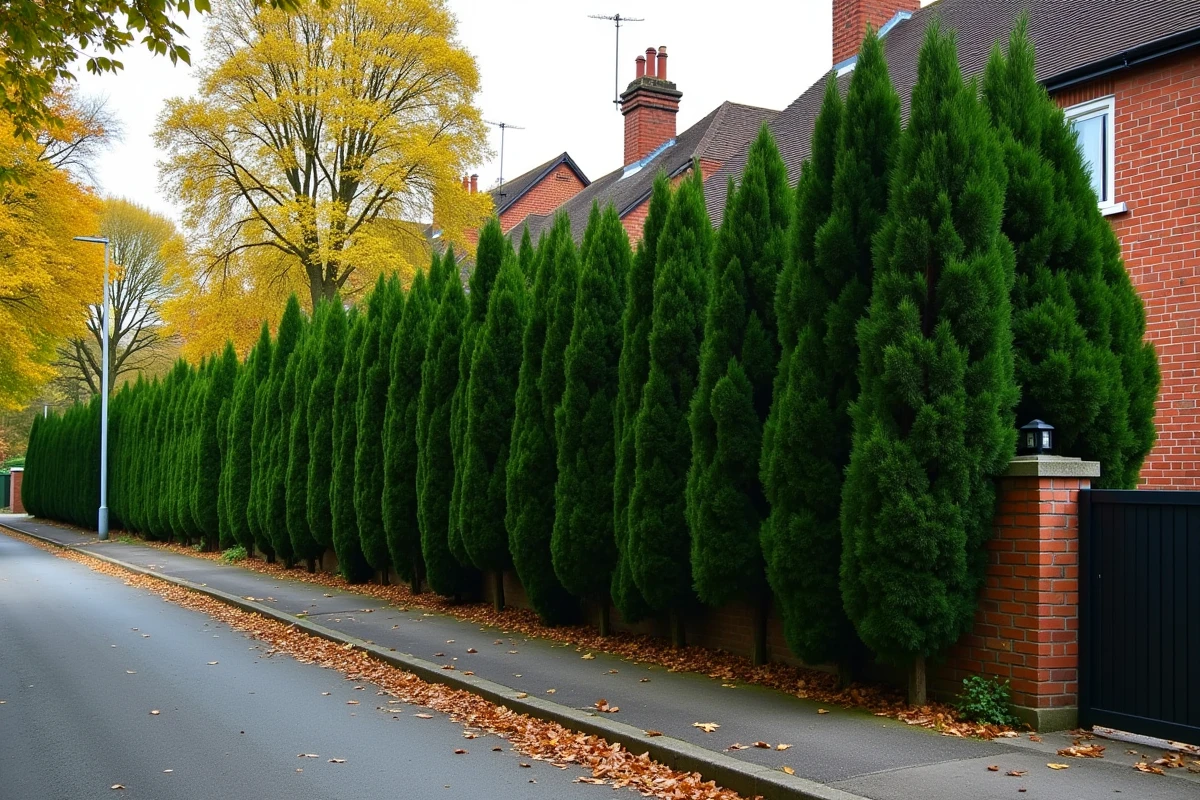 Rangée de cyprès de Leyland formant une haute haie de protection en zone résidentielle, exemple d'arbres à croissance rapide en hauteur