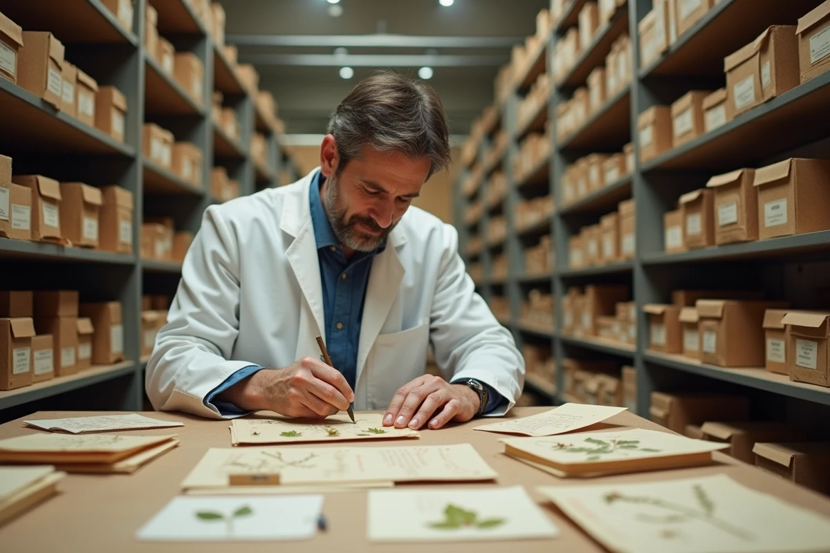 Scientifique classant des spécimens botaniques séchés dans un herbarium de musée d'histoire naturelle