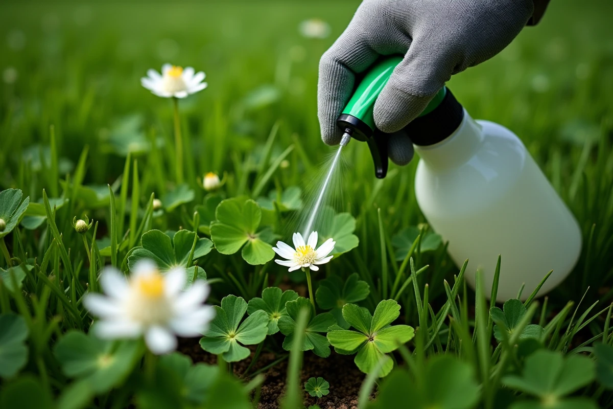 Application d'herbicide sélectif sur des plants de trèfle blanc envahissant une pelouse verte