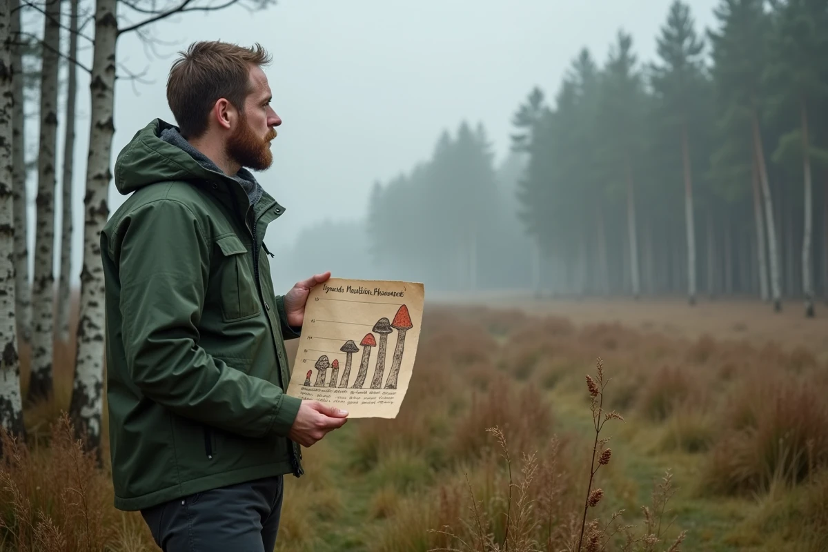 Homme consultant un calendrier de pousse des champignons en lisière de forêt de bouleaux en automne