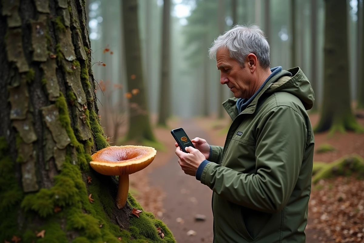 Homme identifiant un champignon en forêt avec une application mobile de reconnaissance de plantes