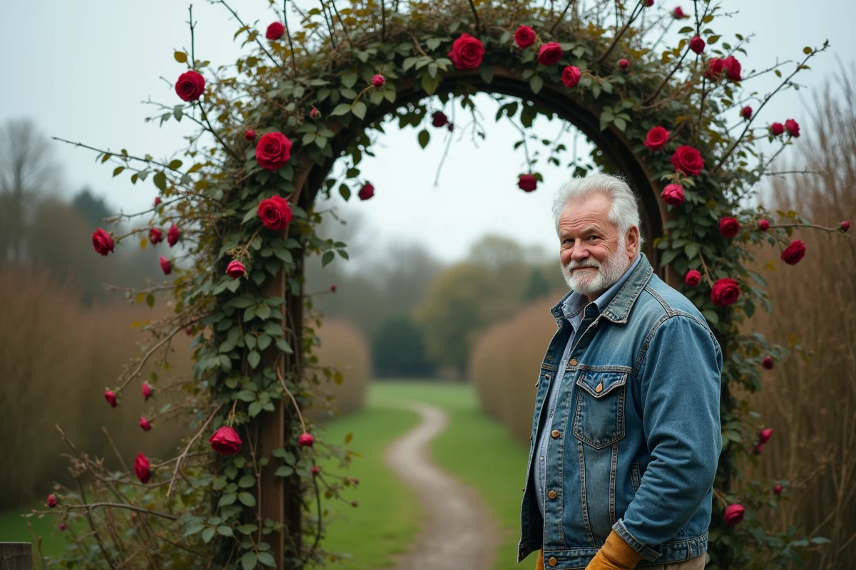 Homme âgé debout devant une arche en bois recouverte de rosiers grimpants taillés dans un jardin anglais