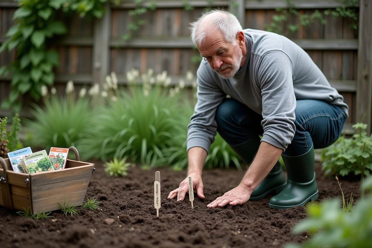 Homme accroupi dans un potager en avril entouré de sachets de graines et d'étiquettes de légumes à planter